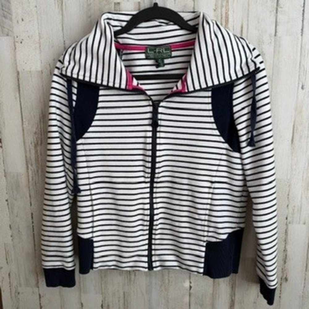 Ralph Lauren Sweater Jacket Women M White Navy Blue Striped Full Zip Activewear
